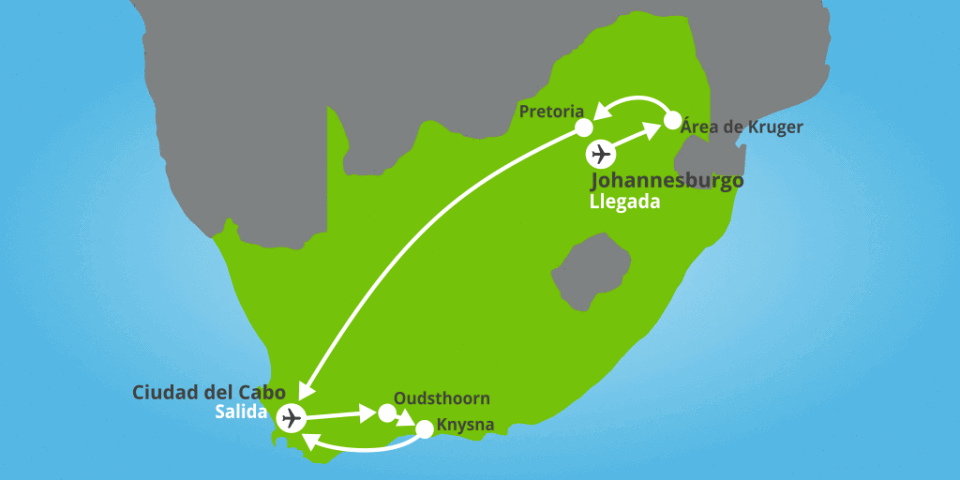 Mapa del viaje: Viaje a Sudáfrica de 11 días: safari y Ruta Jardín