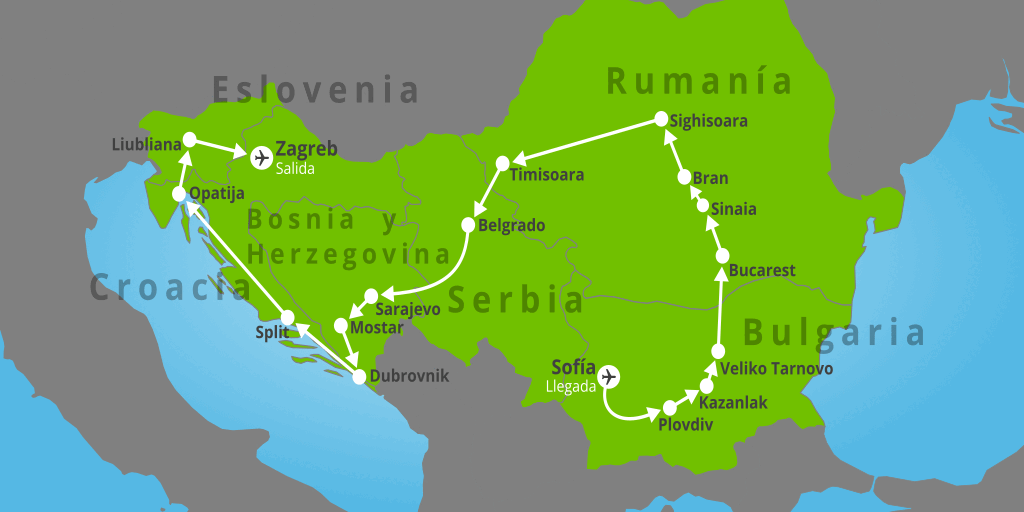 Mapa del viaje: Tour por los Balcanes al completo de 15 días