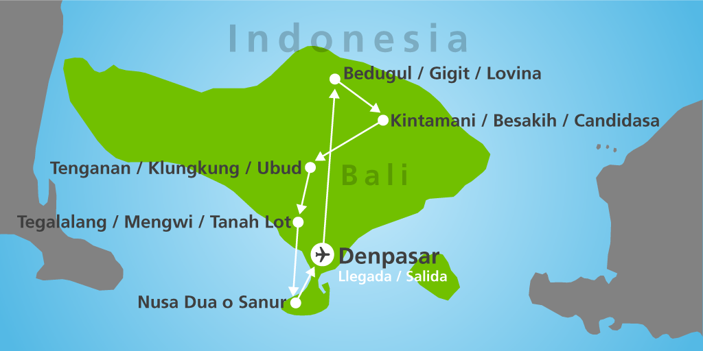 Viaja al paraíso con este circuito organizado por Bali de 10 días. Recorre desde Denpasar hasta Ubud, cruzando lagos, arrozales y playas. 7