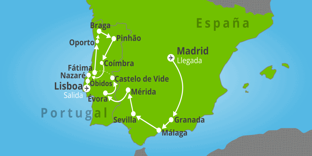 Mapa del viaje: Tour por Sevilla, Granada, Málaga y Portugal de 10 días