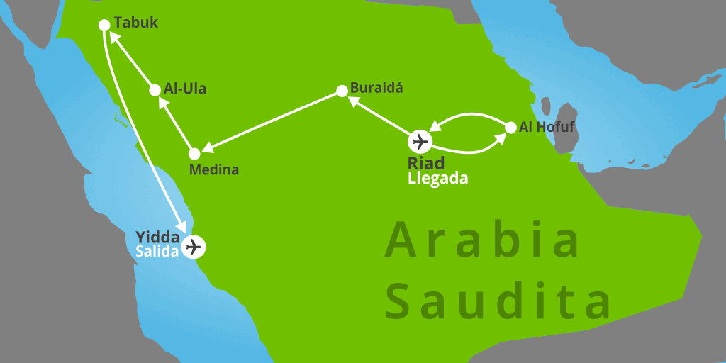 Mapa del viaje: Viaje a Arabia Saudita de 13 días: oasis, camellos y ciudades sagradas
