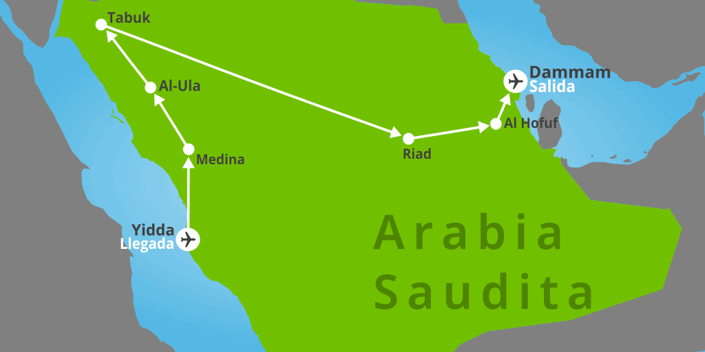 Con nuestro viaje de 11 días por Arabia Saudita descubriremos oasis, mezquitas, fortalezas y ciudades como Yidda, Medina, Al Ula, Riad, entre otras. 7