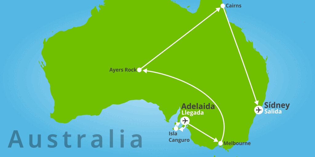 Mapa del viaje: Viaje a Australia de 18 días: Adelaida, Isla Canguro, Melbourne y Sídney
