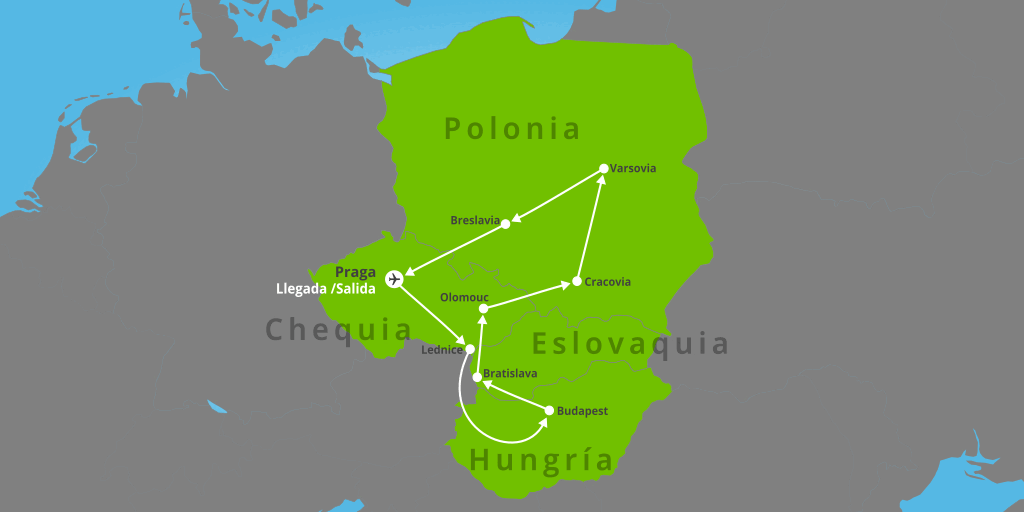 Mapa del viaje: Viaje a Europa del Este en 9 días: Praga, Budapest, Bratislava y Varsovia