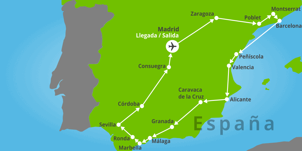 Mapa del viaje: Viaje a España: Cataluña, Levante y Andalucía en 8 días