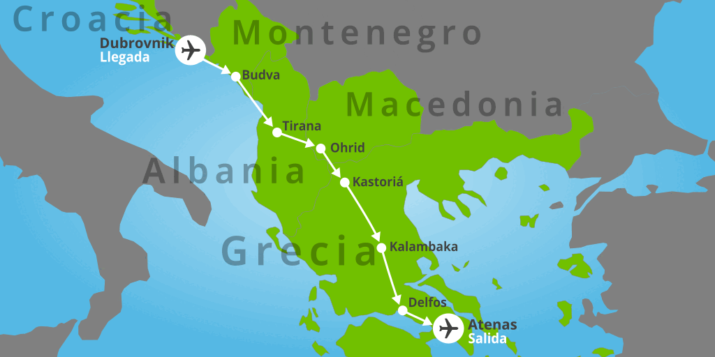 Mapa del viaje: Viaje a Croacia, Montenegro, Albania, Macedonia y Grecia en 8 días