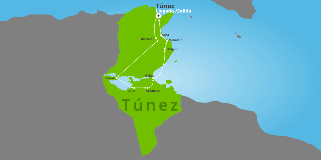 Mapa del viaje: Viaje a Túnez de 8 días: dunas, ciudades sagradas y pueblos mediterráneos