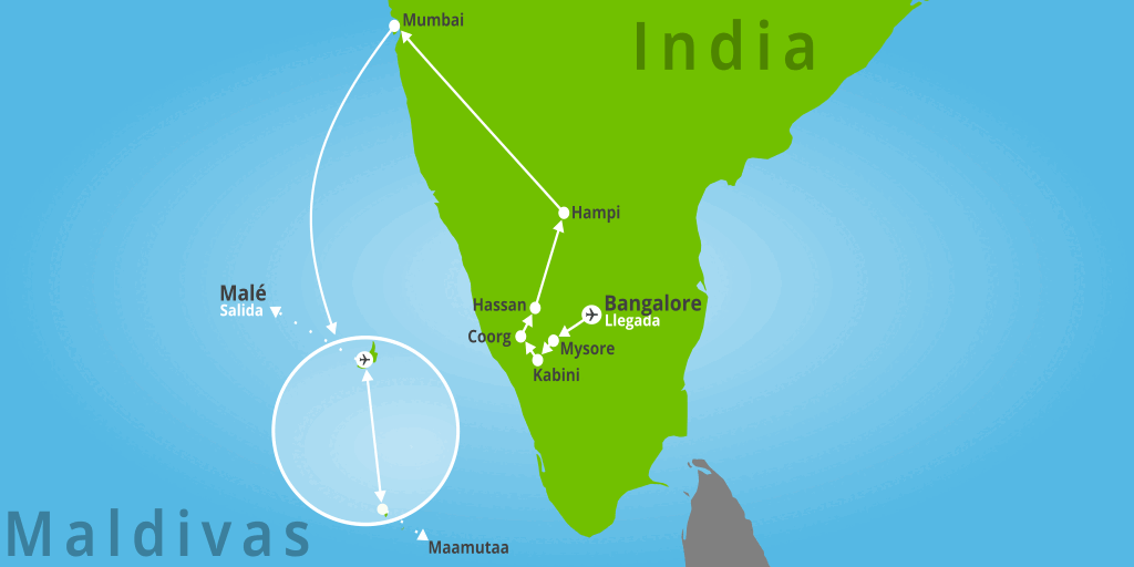 Mapa del viaje: Viaje de lujo por el sur de la India y Maldivas en habitación bajo el agua en 15 días