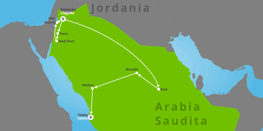 Mapa del viaje: Viaje a Jordania y Arabia Saudita de 15 días