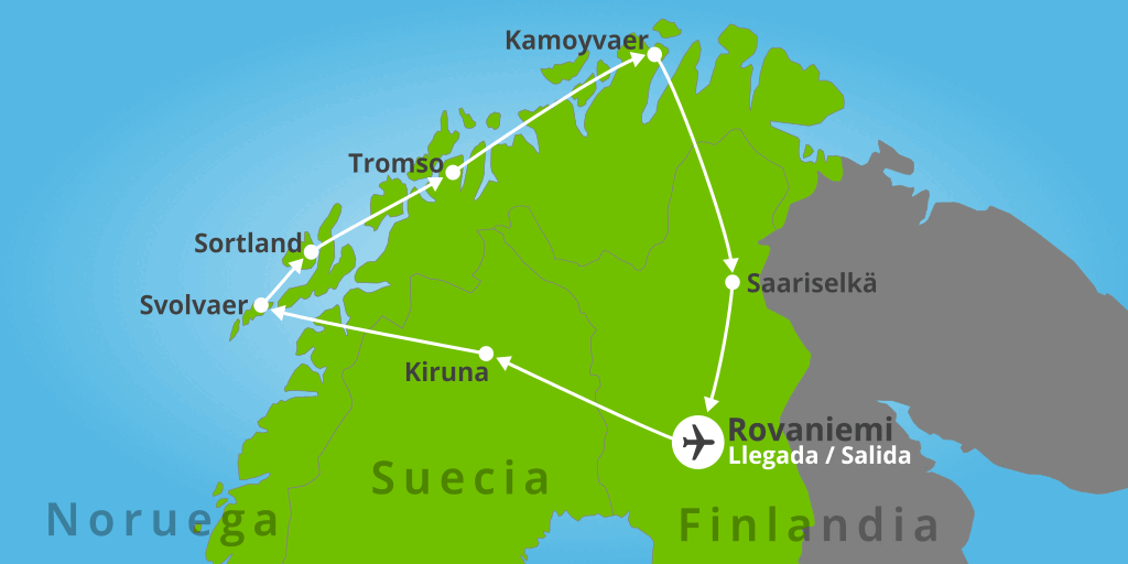 Mapa del viaje: Circuito por Laponia, Cabo Norte y Lofoten de 9 días