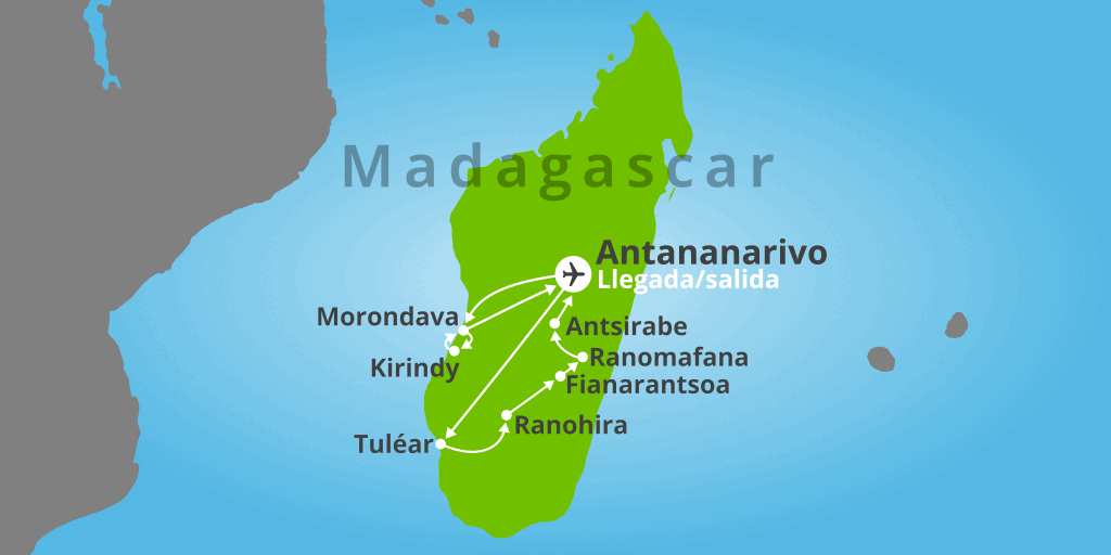 Mapa del viaje: Viaje a Madagascar de 15 días: reservas naturales, lémures y baobabs