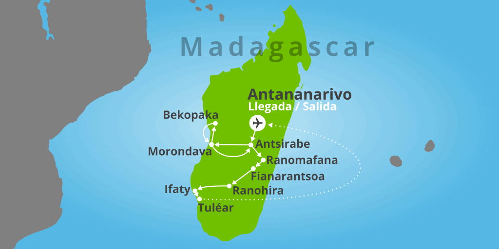 Mapa del viaje: Viaje a Madagascar al completo de 19 días: baobabs, Bekopaka y playas de Ifaty