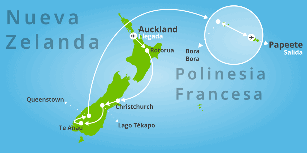 Mapa del viaje: Gran Viaje a Nueva Zelanda con playas de Bora Bora en 19 días