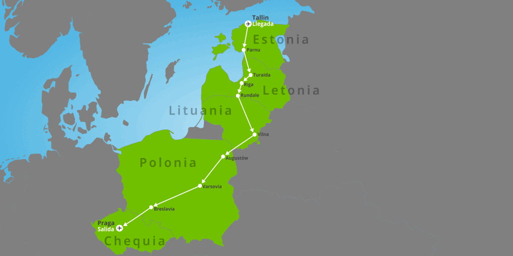 Mapa del viaje: Ruta por los Países Bálticos, Polonia y Chequia en 11 días