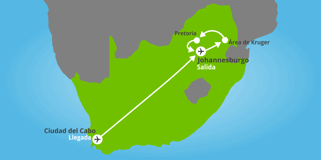 Mapa del viaje: Safari en Sudáfrica con Ciudad del Cabo y Johannesburgo en 10 días