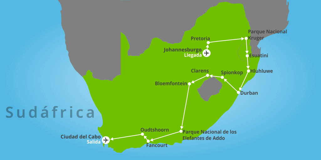 Mapa del viaje: Tour en tren de lujo por Sudáfrica de 17 días