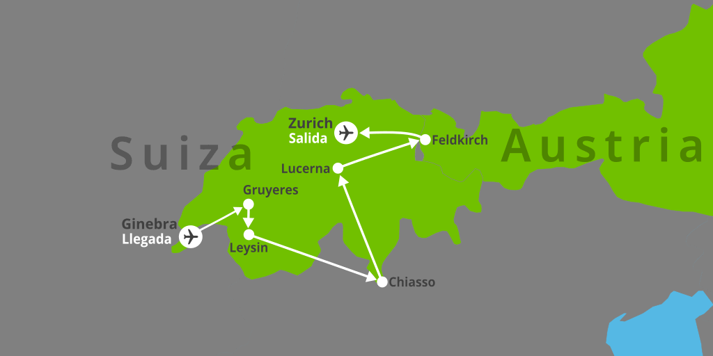 Mapa del viaje: Viaje a Suiza de 7 días: Ginebra, Zúrich y Cataratas del Rin