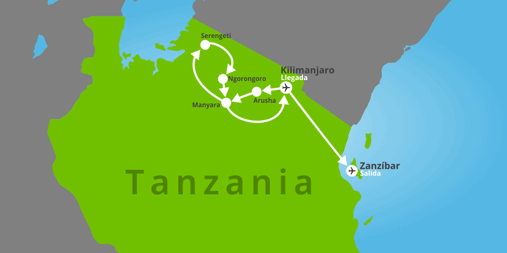 Mapa del viaje: Safari en privado por Tanzania y playas de Zanzíbar en hotel de lujo en 13 días