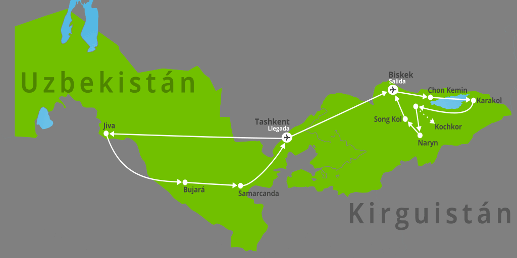 Mapa del viaje: Viaje a Uzbekistán y Kirguistán de 15 días