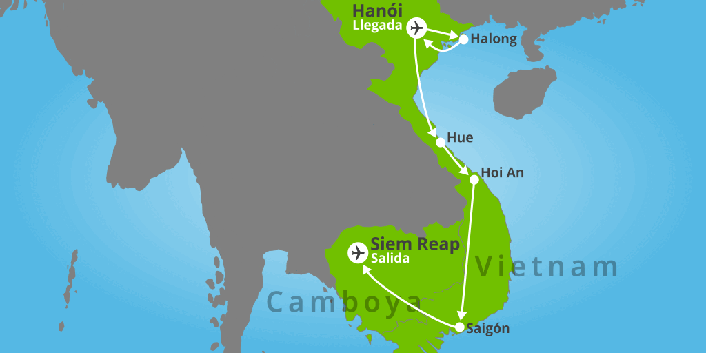 Mapa del viaje: Viaje a Vietnam y Camboya de 13 días: Hanói, Hue, Ho Chi Minh y templos de Angkor