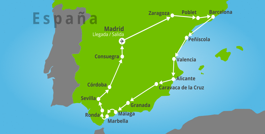 Mapa del viaje: Viaje a España: Cataluña, Levante y Andalucía en 9 días