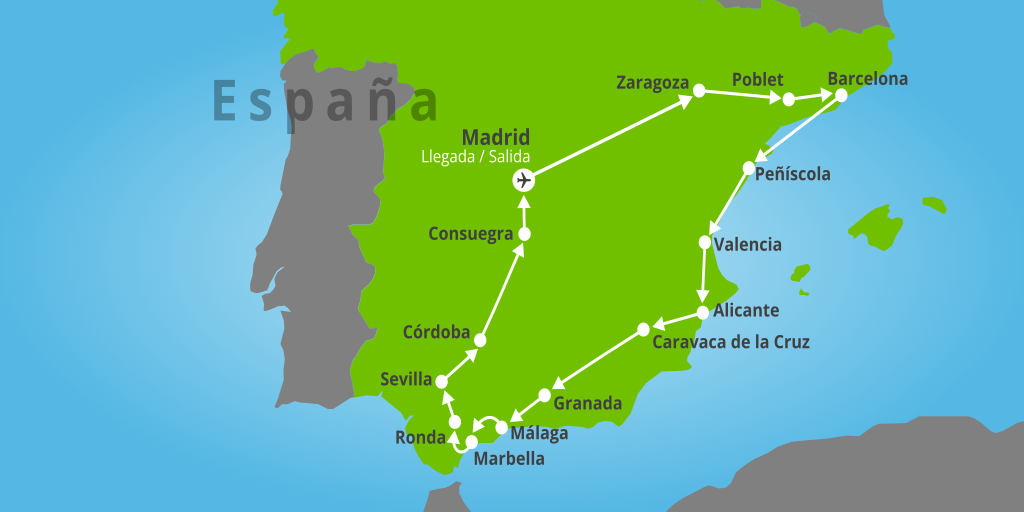 Mapa del viaje: Viaje a España: Cataluña, Levante y Andalucía en 9 días