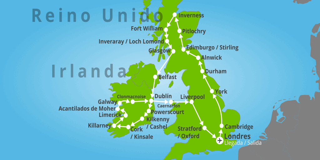 Mapa del viaje: Tour por Inglaterra, Escocia e Irlanda 16 días