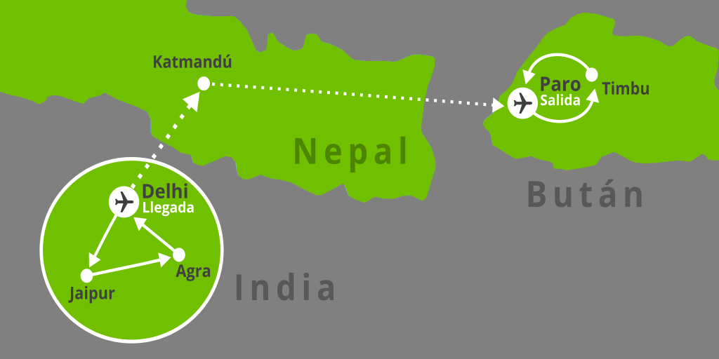 Mapa del viaje: Viaje a India, Nepal y Bután de 18 días