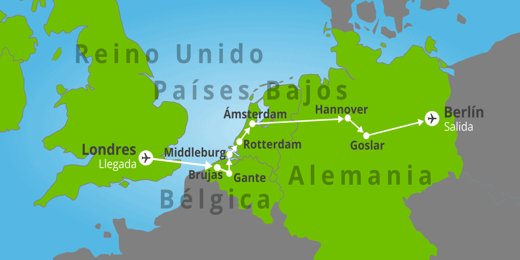 Mapa del viaje: Viaje a Londres, Ámsterdam y Berlín de 9 días