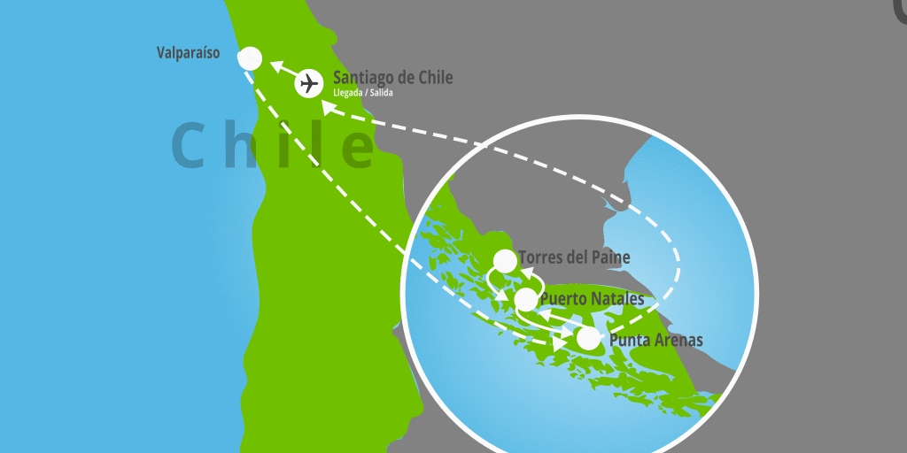 Mapa del viaje: Fly and Drive a la Patagonia chilena: de Santiago a Torres del Paine en 9 días