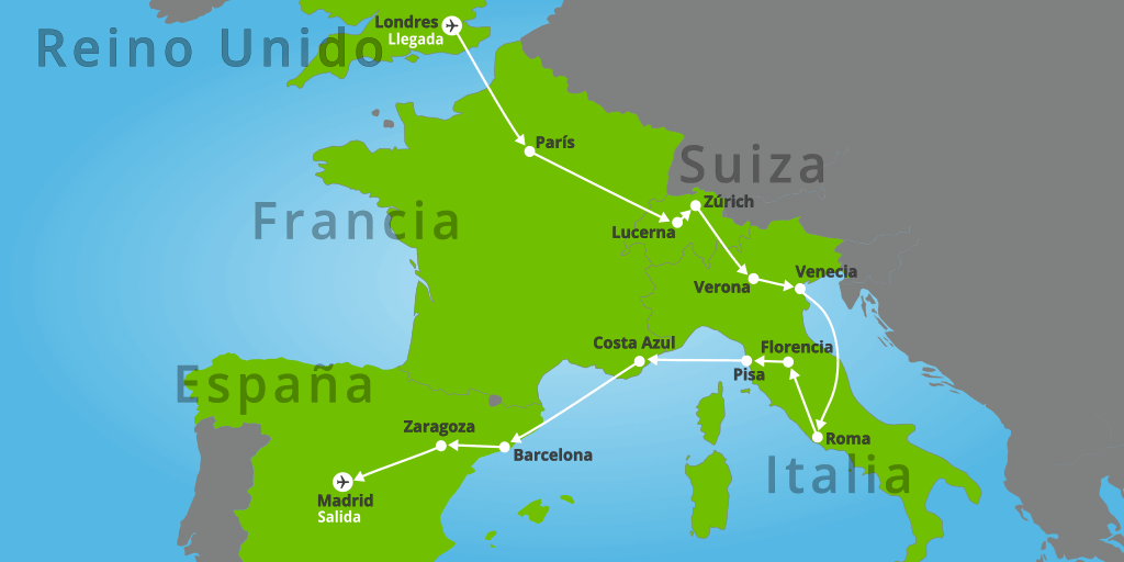 Mapa del viaje: Viaje a Londres, París, Venecia, Costa Azul y Madrid en 16 días