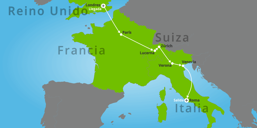 Mapa del viaje: Tour por Londres, París e Italia en 11 días