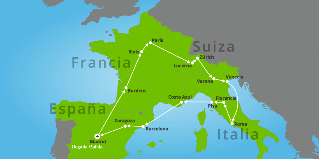 Mapa del viaje: Viaje de Madrid a París, Venecia y la Costa Azul en 16 días