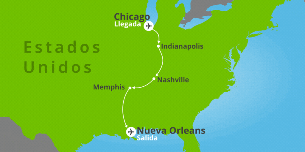 Mapa del viaje: Ruta de la música: de Chicago a Nueva Orleans de 10 días
