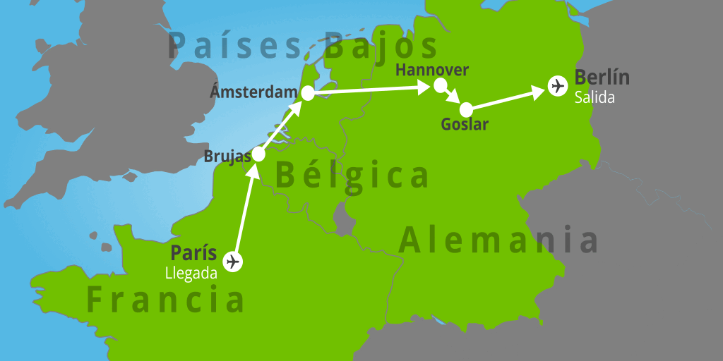 Mapa del viaje: Viaje a París, Ámsterdam y Berlín de 8 días