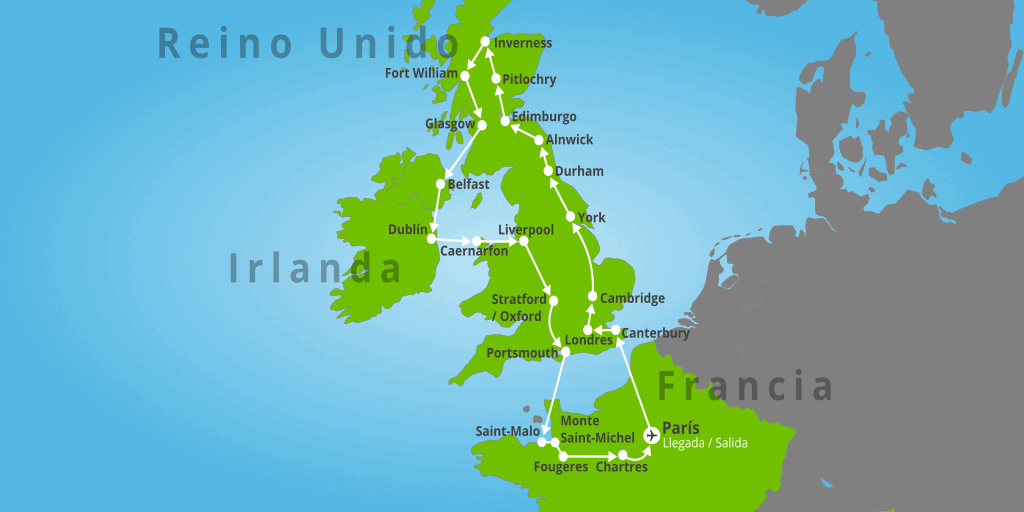 En este viaje a Londres, Liverpool, Edimburgo, Glasgow y Dublín visitaremos la ciudad de los Beatles, Oxford, las Tierras Altas de Escocia y la Bretaña Francesa. 7