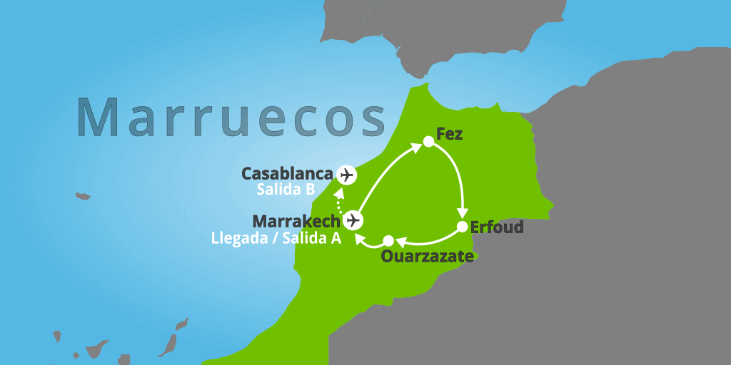 Mapa del viaje: Viaje a Casablanca, Fez, Merzouga, Ouarzazate y Marrakech durante 8 días