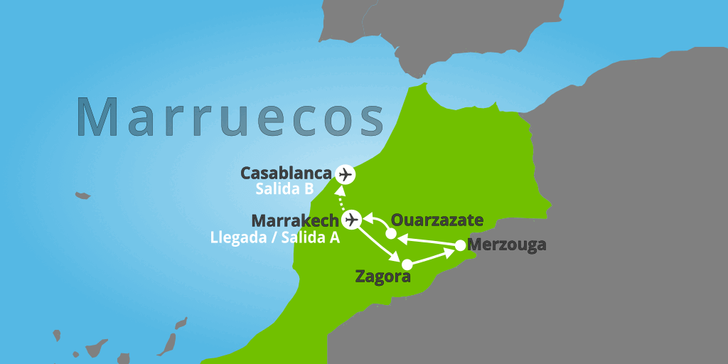 Mapa del viaje: Viaje completo por Marruecos con desierto de 8 días