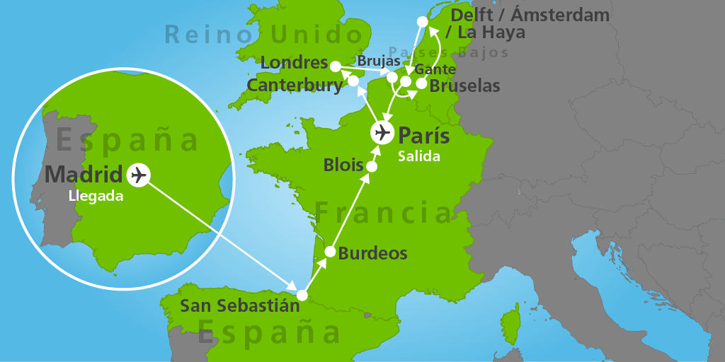 Nuestro tour organizado te invita a recorrer las capitales de Europa: Madrid, País Vasco, Burdeos, París, Londres, Brujas y Gante, Bruselas y Ámsterdam. 7