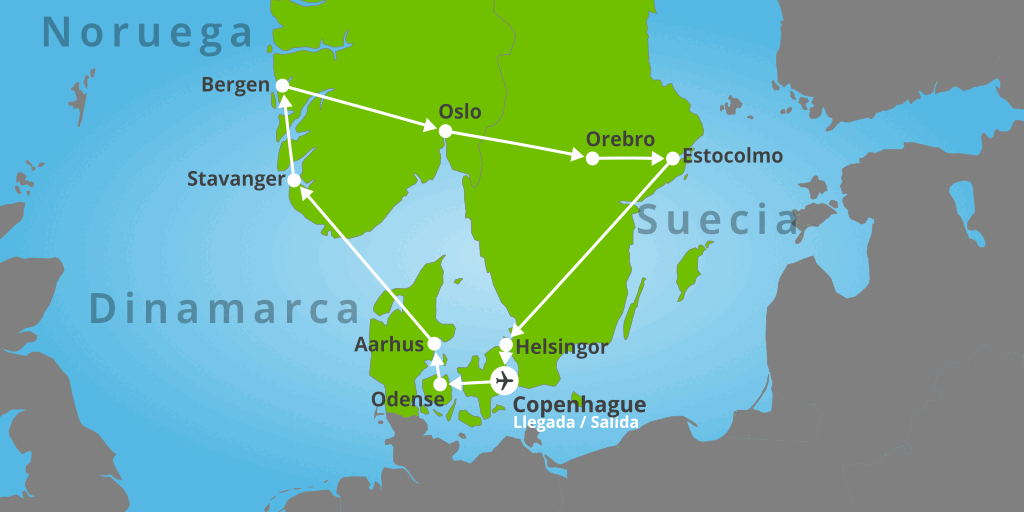 Mapa del viaje: Tour a Escandinavia de 8 días: Copenhague, Oslo y Estocolmo