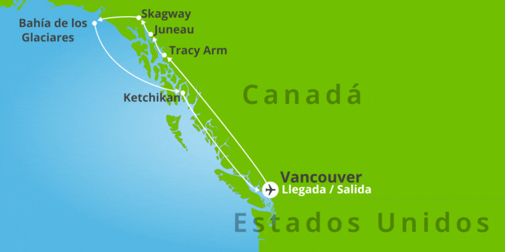 Disfruta de un viaje por Alaska a bordo de un crucero de lujo. Empieza por Vancouver y recorre maravillosos lugares como el Pasaje Interior, Juneau, Skagway, entre otros. 7