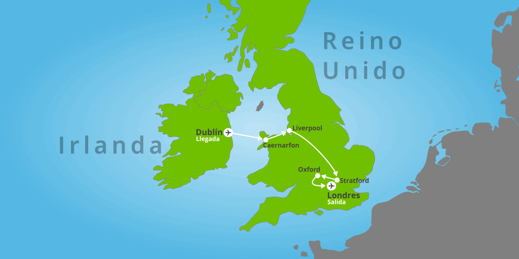 Mapa del viaje: Viaje a Dublín, Liverpool, Oxford y Londres de 5 días