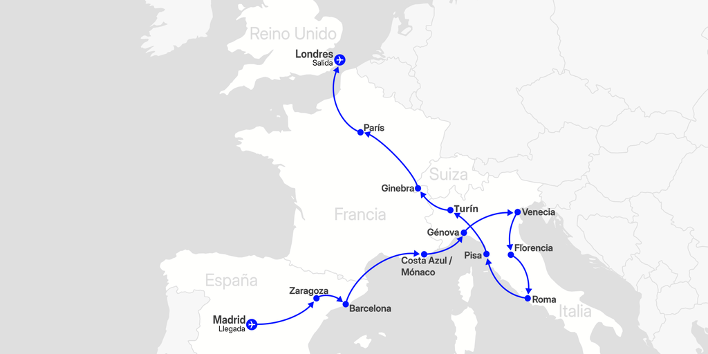 Mapa del viaje: Europa Única: Tour por España, Italia, Francia y Londres en 16 días