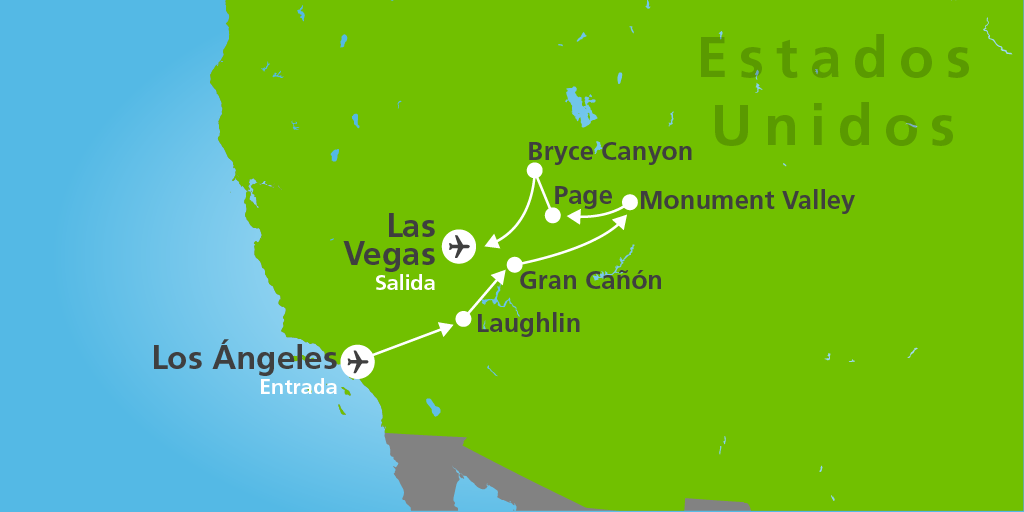 Fly&drive por los parques nacionales y ciudades principales del oeste americano. Recorre Los Ángeles, Laughlin, Gran Cañón, Page, Monument Valley, Page, Bryce Canyon y Las Vegas. 7
