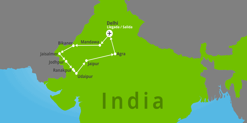 Mapa del viaje: Viaje a India de 16 días con palacios