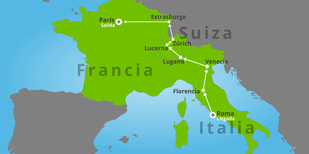 Mapa del viaje: Viaje a Italia, Suiza y Francia de 10 días