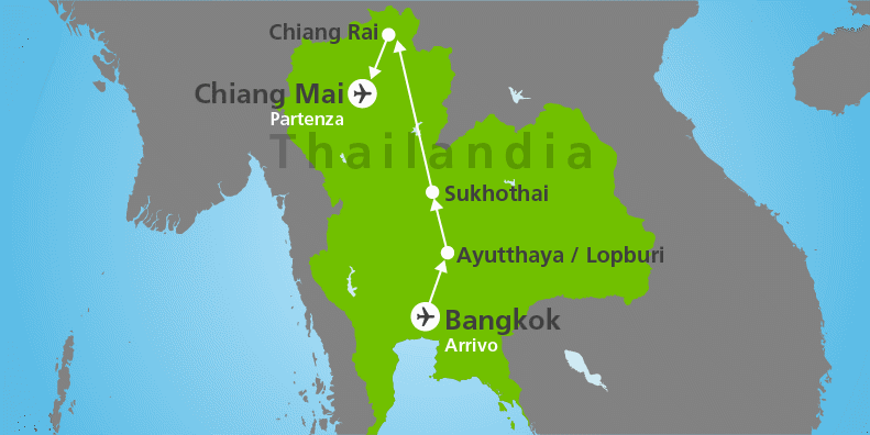 Questo itinerario permette di esplorare a fondo la Tailandia, in un viaggio che parte da Bangkok, una delle città più moderne del Sud-est asiatico, fino alle profonde giungle del nord, passando per 1