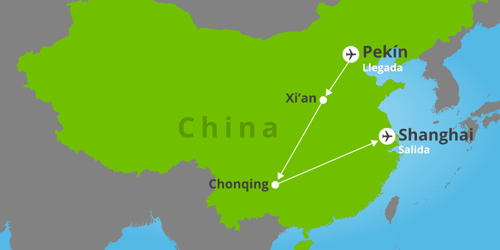 Mapa del viaje: China esencial y crucero por el Río Yangtsé en 14 días