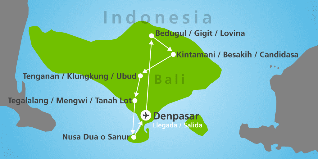 Mapa del viaje: Circuito organizado por Bali de 10 días al completo con playas