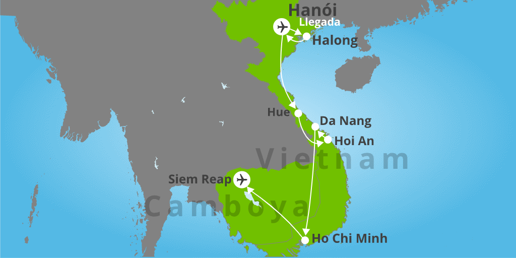 Mapa del viaje: Circuito organizado por Vietnam y Camboya de 15 días
